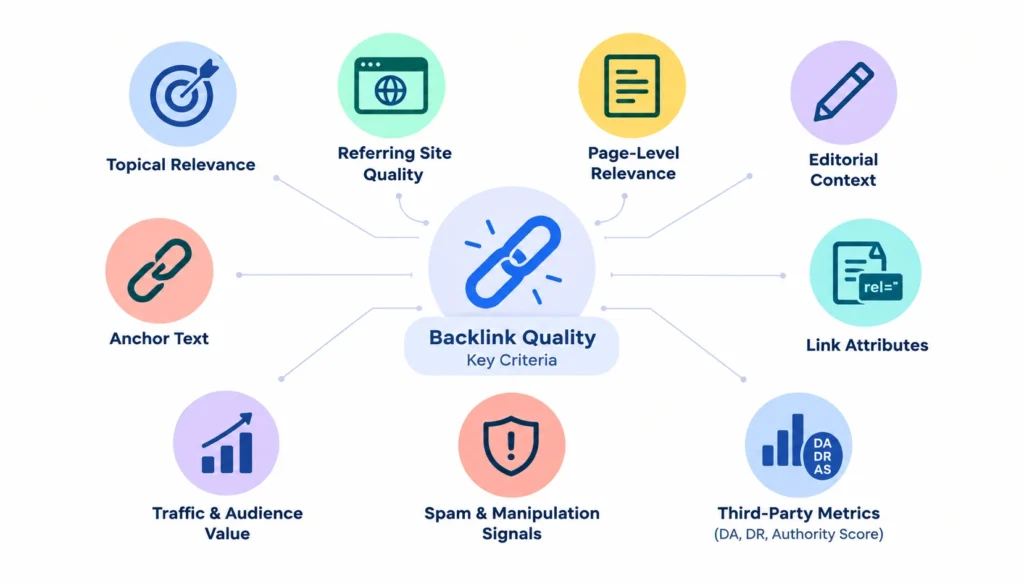 Backlink quality infographic highlighting topical relevance, referring site quality, page-level relevance, editorial context, anchor text, link attributes, traffic value, spam signals, and third-party SEO metrics.