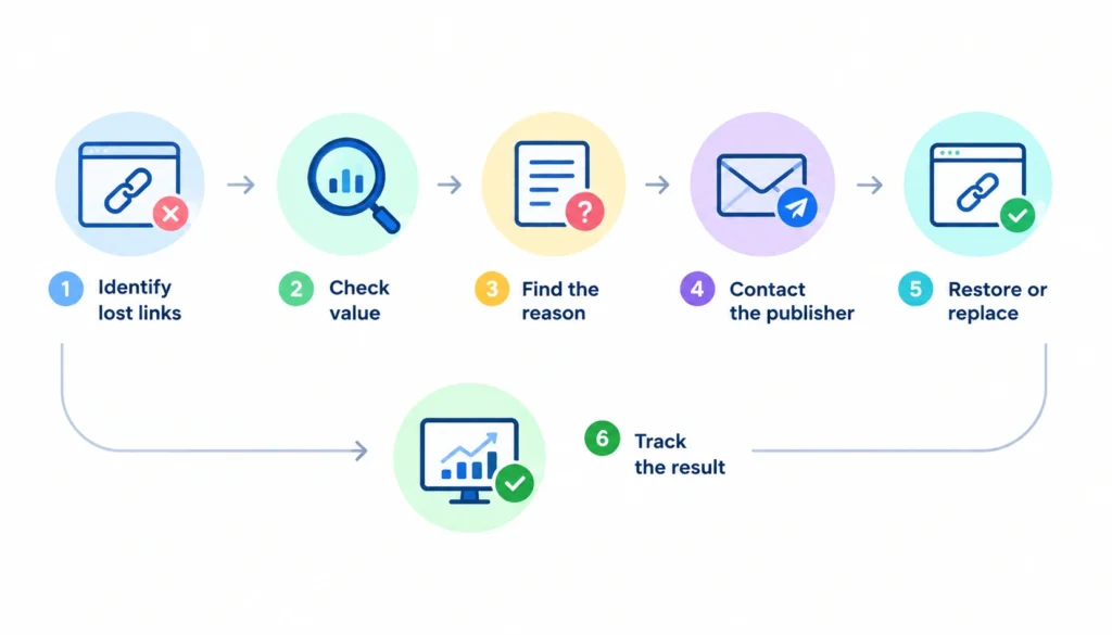 Lost backlink recovery infographic showing how to find, evaluate, and recover valuable backlinks through monitoring, checking broken links, contacting website owners, and restoring links