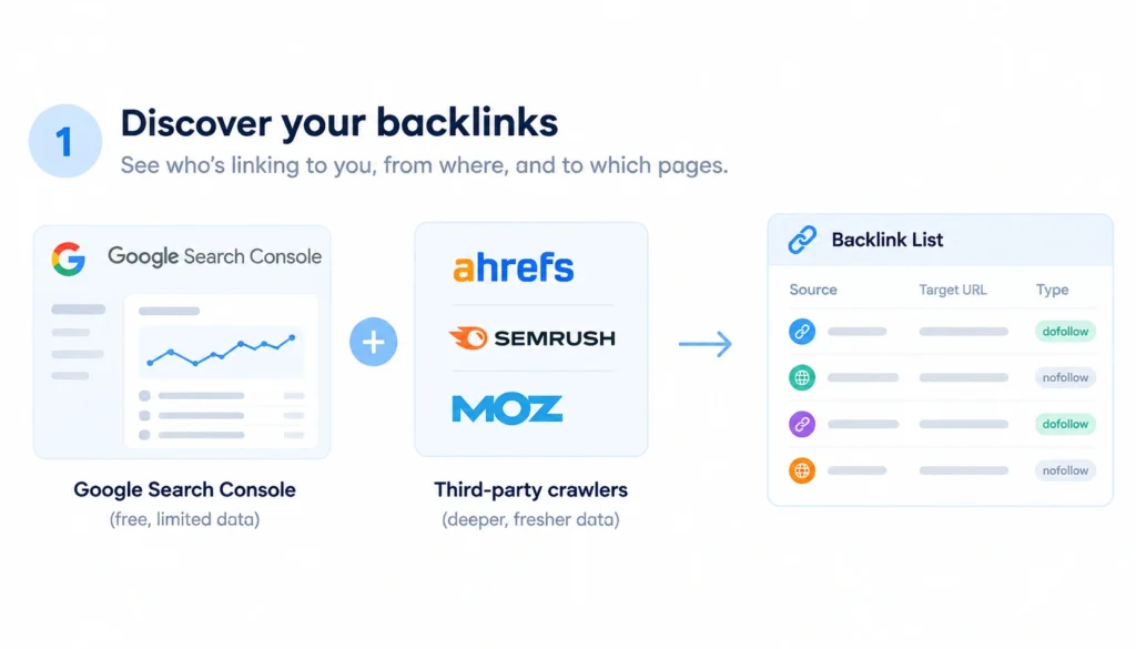 Backlink discovery workflow showing Google Search Console and third-party SEO tools feeding into a backlink list with source URLs, target pages, and link types.