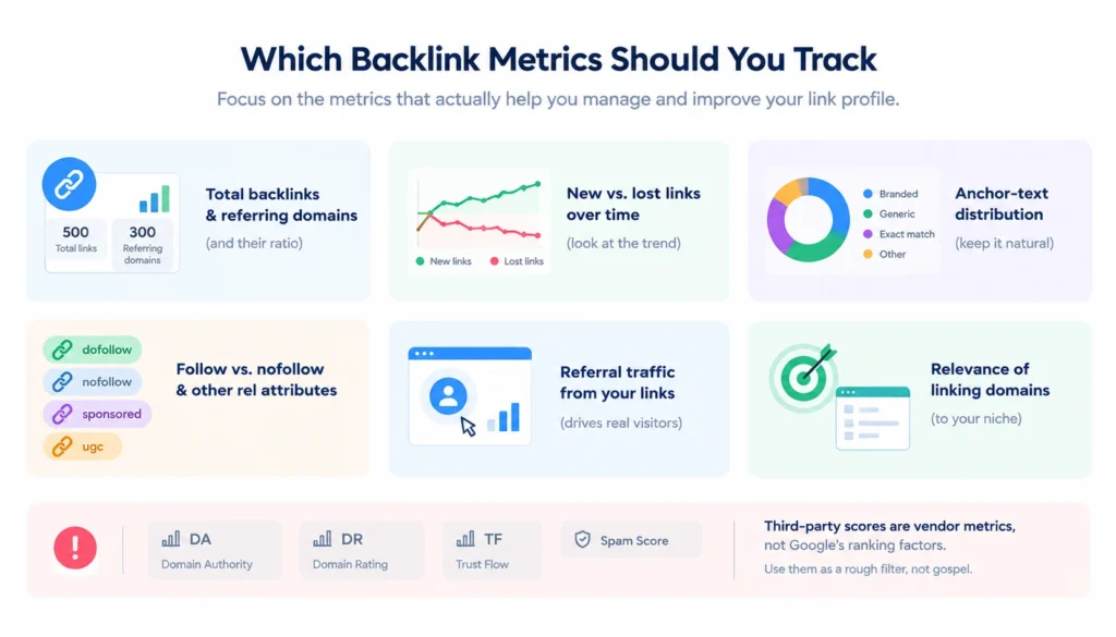 Backlink metrics infographic showing total backlinks and referring domains, new versus lost links, anchor-text distribution, link attributes, referral traffic, domain relevance, and third-party metrics such as DA, DR, Trust Flow, and Spam Score.