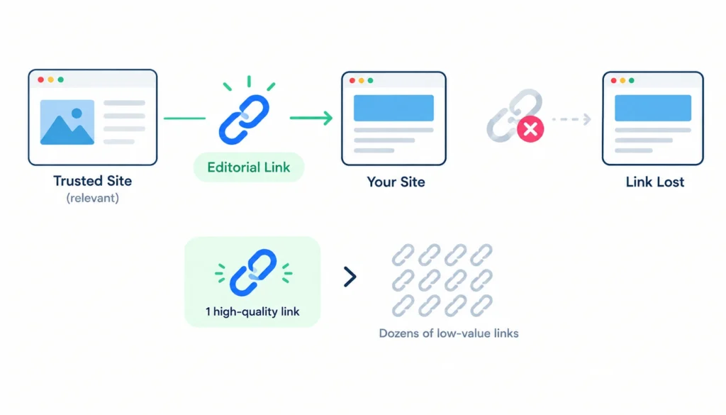 Infographic showing how a valuable editorial backlink from a trusted, relevant site can be more important than dozens of low-value links and why monitoring helps prevent losing it.