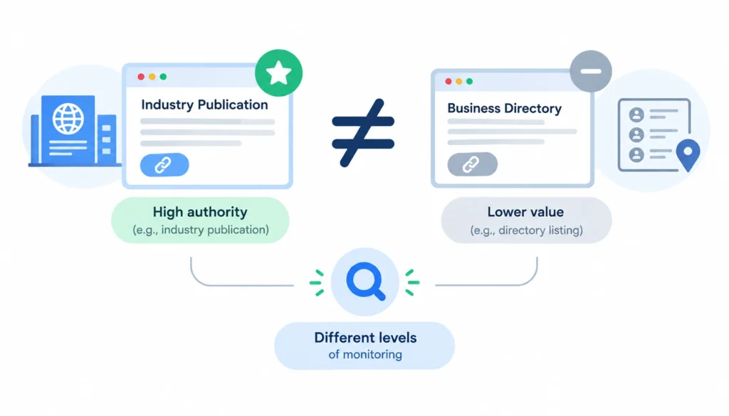 Infographic comparing a high-authority industry publication backlink with a lower-value directory link, showing why different backlinks require different levels of monitoring.