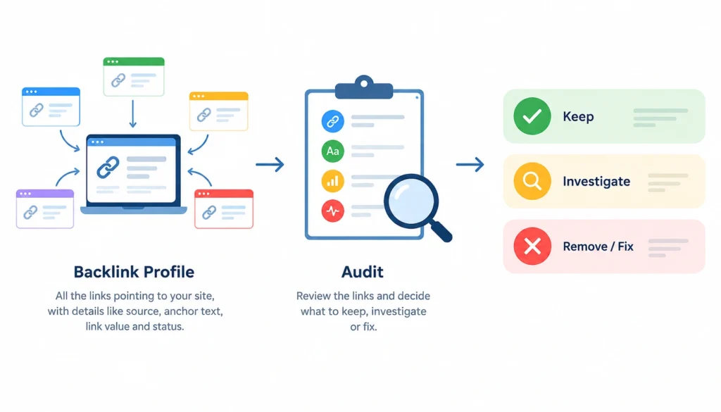 Backlink profile audit showing links pointing to a website, reviewed and categorized as keep, investigate, or remove/fix.