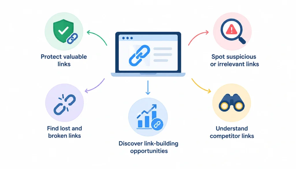 Backlink audit infographic showing five benefits: protecting valuable links, identifying suspicious links, finding lost links, discovering link-building opportunities, and analyzing competitor backlinks.