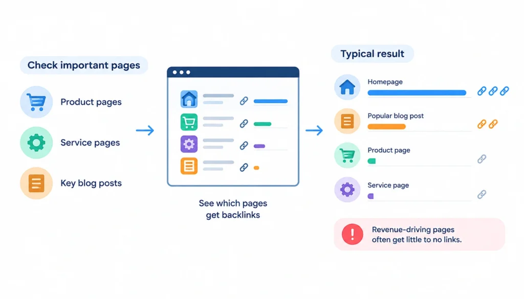 Backlink audit showing how to analyze links to product pages, service pages, and key blog posts, highlighting that homepages and popular posts often receive more backlinks than revenue-driving pages.