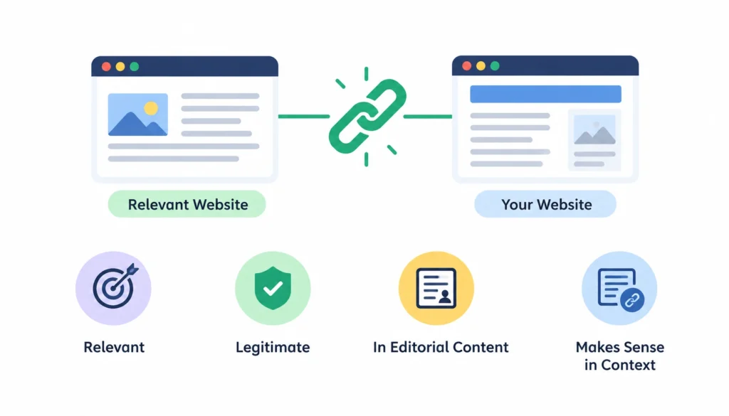 High-quality backlink infographic showing a relevant website linked to your website, highlighting relevance, legitimacy, editorial content, and contextual fit.