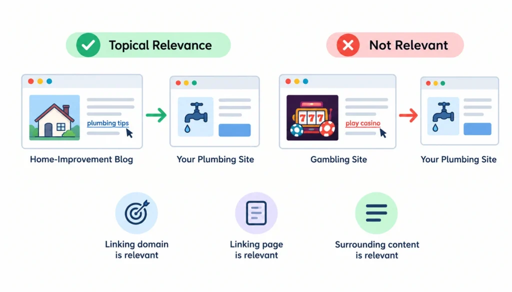 Infographic comparing topical relevance in backlinks, showing a relevant home-improvement link to a plumbing site versus an unrelated gambling link.