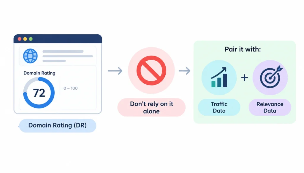 Infographic explaining Domain Rating (DR) as a 0–100 backlink strength metric that should be evaluated alongside traffic and relevance data.