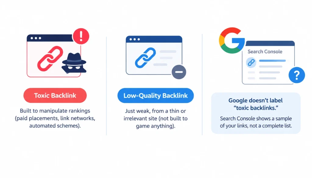 Infographic comparing toxic and low-quality backlinks, showing ranking manipulation, weak links, and Google Search Console’s limited backlink reporting.