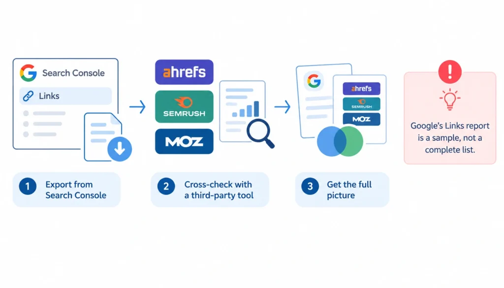 Infographic showing how to export backlink data from Google Search Console, cross-check it with Ahrefs, Semrush, and Moz, and combine multiple sources for a more complete backlink profile.