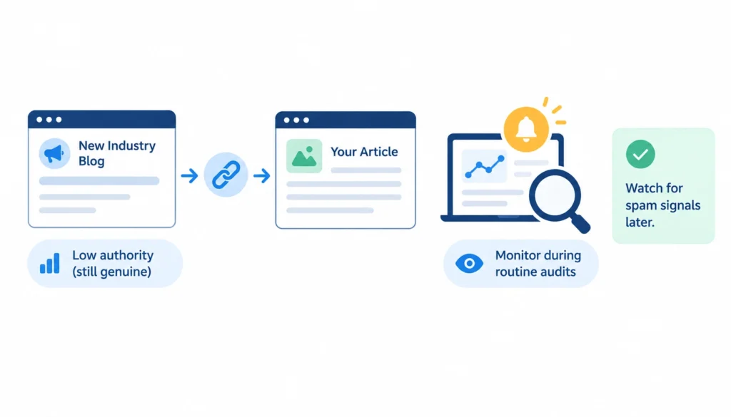Infographic showing a low-authority but genuine industry blog backlink being monitored during routine backlink audits for future spam signals.