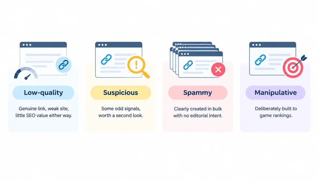 Infographic comparing low-quality, suspicious, spammy, and manipulative backlinks, showing their key characteristics and SEO risk differences.