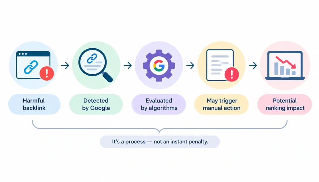 Infographic showing how a harmful backlink can progress from detection and algorithmic evaluation to a potential manual action and ranking impact.