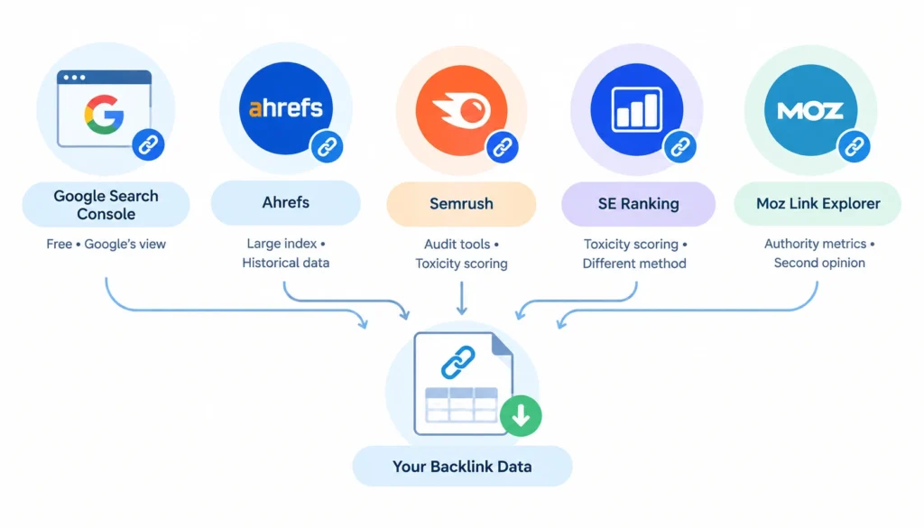 Infographic showing how to export backlink data from Google Search Console, Ahrefs, Semrush, SE Ranking, and Moz Link Explorer to create a more complete backlink dataset.