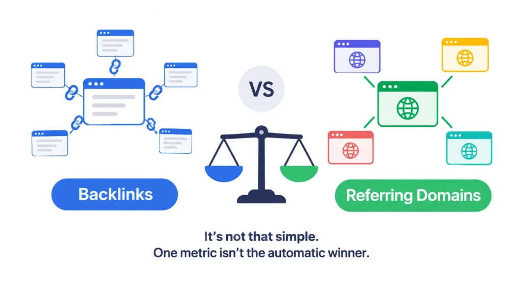 Backlinks vs referring domains illustrated with link and website icons, showing why neither SEO metric is automatically more important.