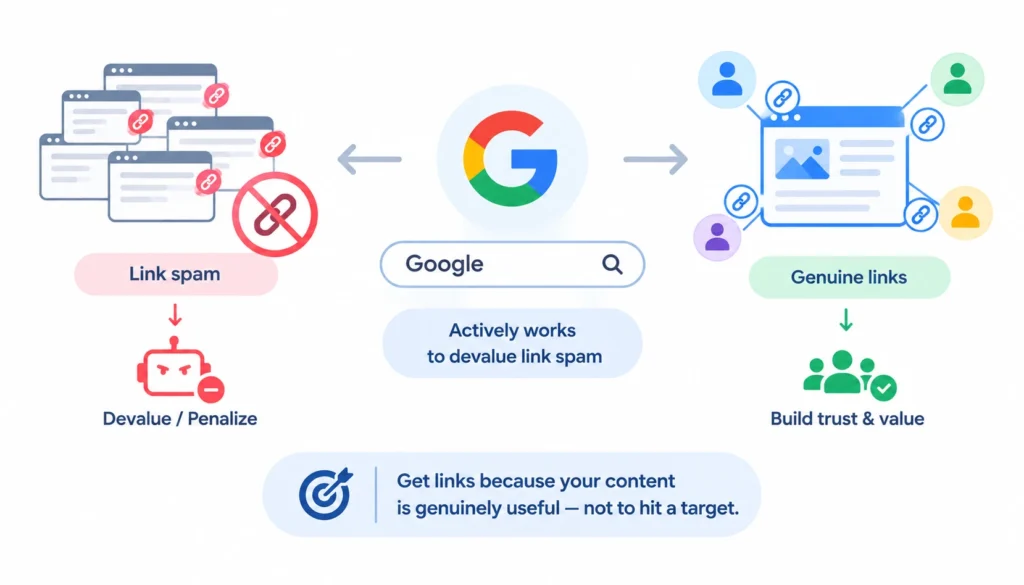 Infographic showing Google’s approach to link spam, contrasting spammy links that may be devalued with genuine links earned from useful content.