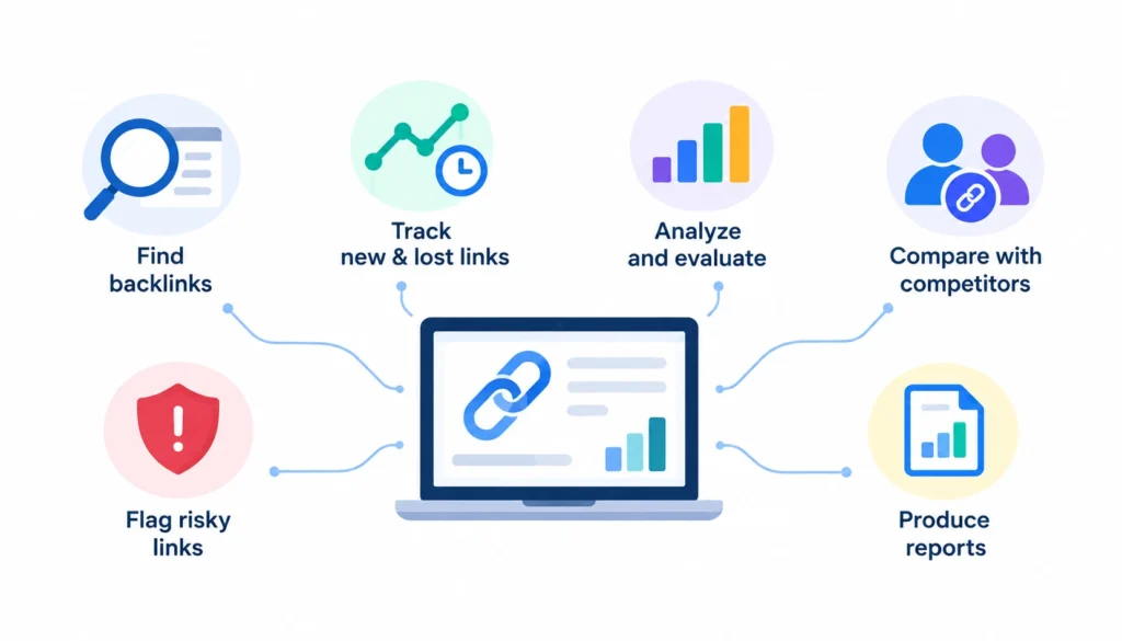 Backlink management tools infographic showing how to find, track, analyze, compare, flag, and report website backlinks.