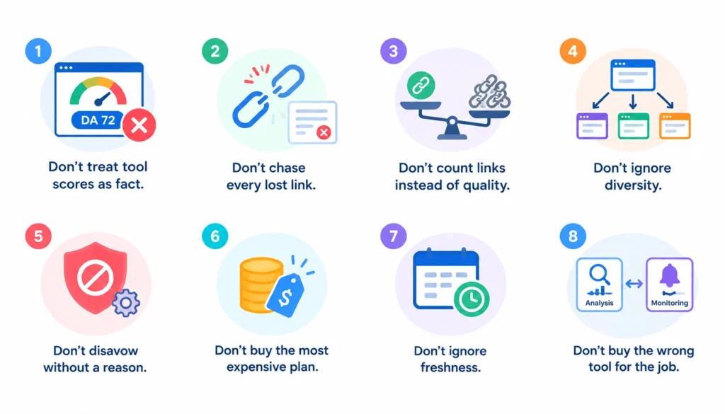 Infographic highlighting common backlink management mistakes, including overtrusting tool scores, chasing lost links, ignoring quality and diversity, unnecessary disavows, expensive plans, outdated data, and choosing the wrong tool.