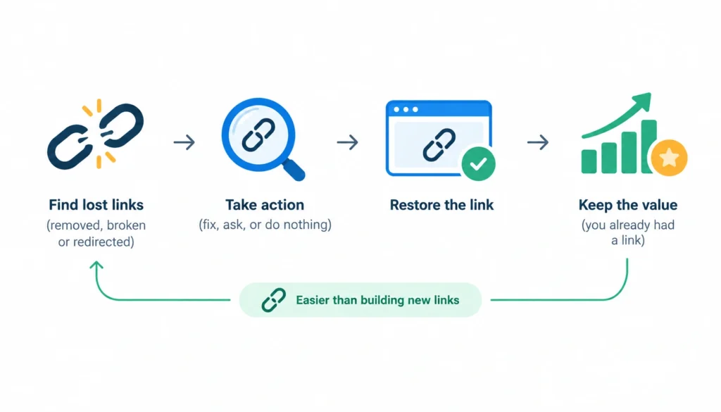 Link reclamation process showing how to find lost backlinks, take corrective action, restore links, and preserve their SEO value.