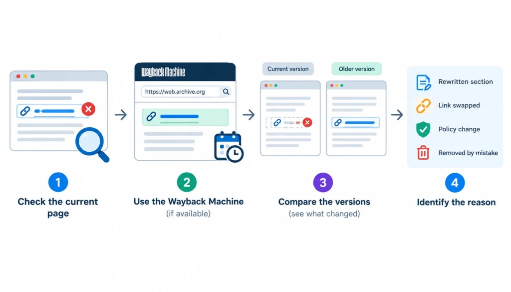 Steps to reclaim a publisher-removed backlink by checking the current page, reviewing the Wayback Machine, comparing versions, and identifying why the link disappeared.
