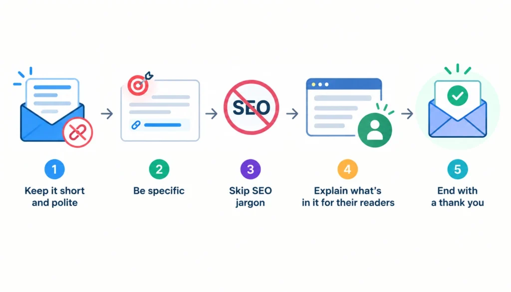 Link reclamation email tips showing how to keep the message short, specific, free of SEO jargon, focused on reader value, and politely written.