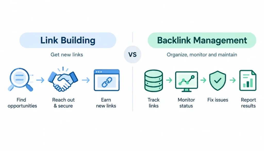 Infographic comparing link building and backlink management, showing link acquisition on one side and backlink tracking, monitoring, issue fixing, and reporting on the other.