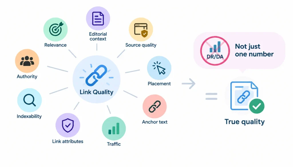Infographic showing that backlink quality depends on multiple factors, including relevance, editorial context, source quality, placement, anchor text, traffic, link attributes, indexability, and authority—not just DR or DA.