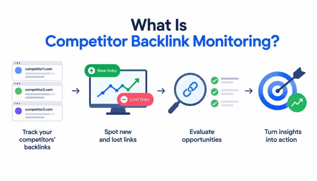 Competitor backlink monitoring infographic showing how to track new and lost backlinks, evaluate opportunities, and turn competitor link insights into SEO actions.