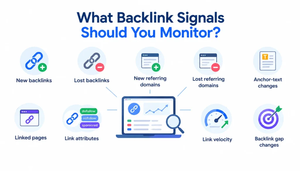 Backlink monitoring infographic showing key signals to track, including new and lost backlinks, referring domains, anchor-text changes, linked pages, link attributes, link velocity, and backlink gaps.