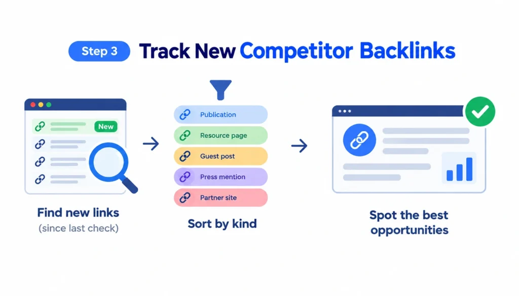 Step 3 infographic showing how to track new competitor backlinks by finding recent links, sorting them by type such as publications, resource pages, guest posts, press mentions, and partner sites, and identifying valuable opportunities.