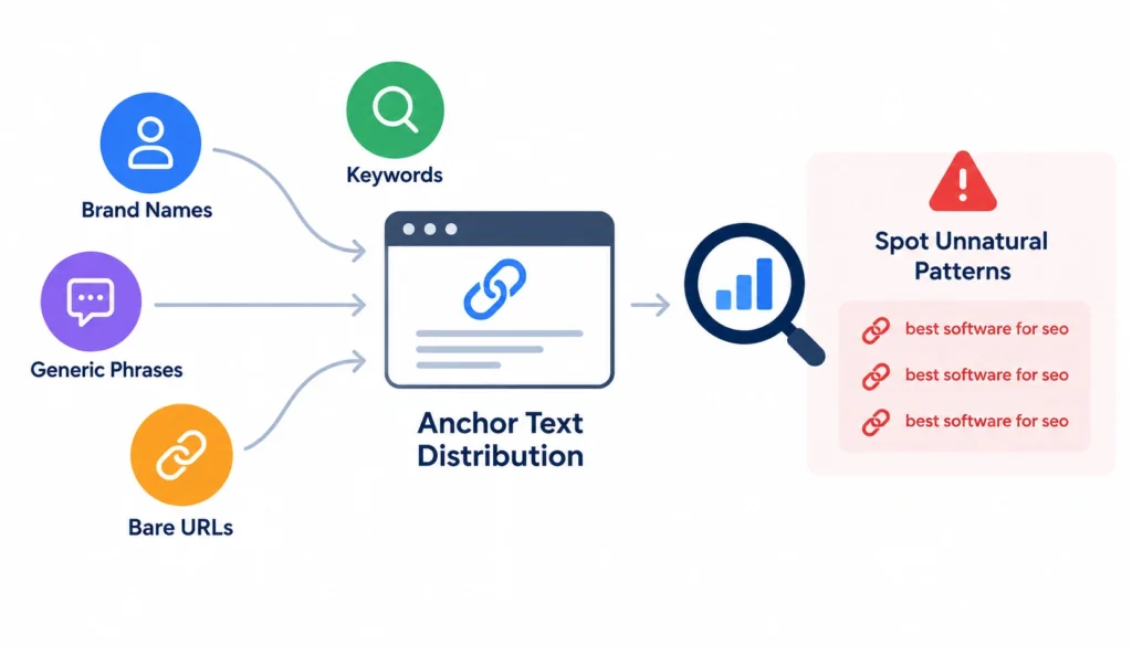 Anchor text distribution infographic showing brand names, keywords, generic phrases, and bare URLs analyzed to identify unnatural repeated anchor text patterns