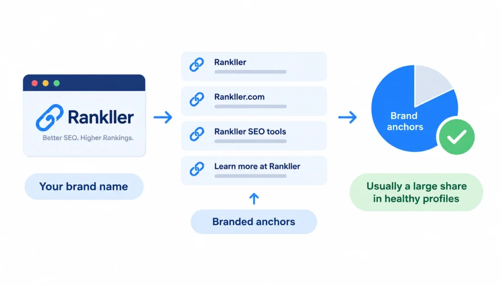 Infographic illustrating branded anchor text using a company name, brand URL, and branded phrases as natural backlinks that typically form a significant share of a healthy link profile.
