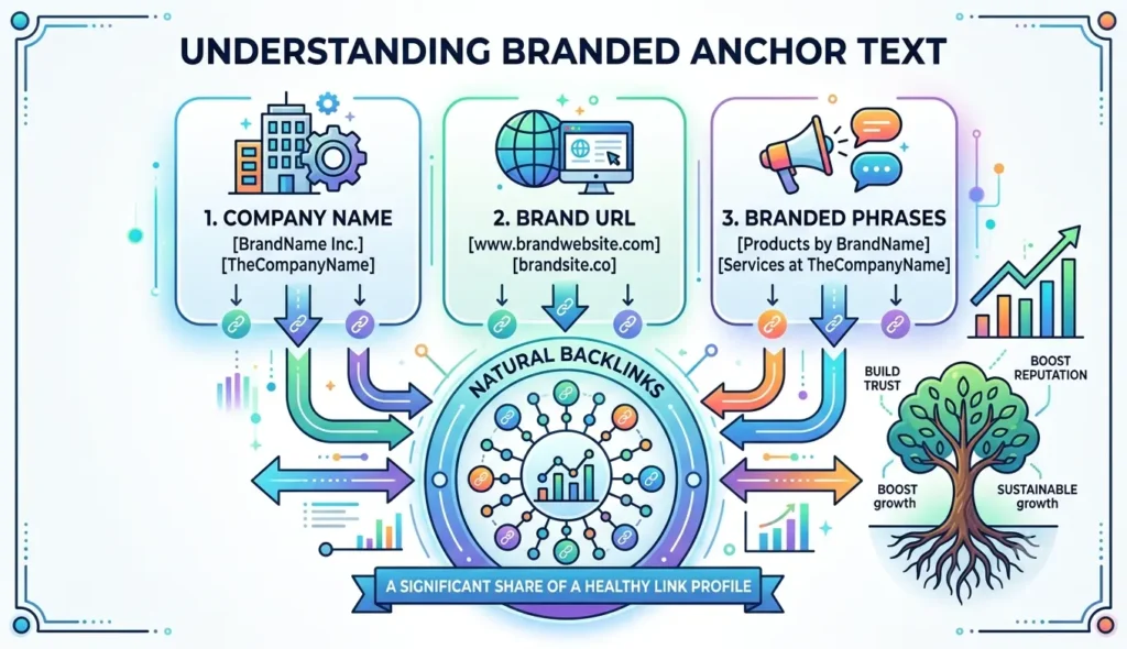 An infographic on a white background titled "Understanding Branded Anchor Text" in landscape format. Three main sections with icons illustrate natural backlinks