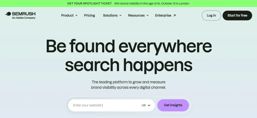 Home page of semrush