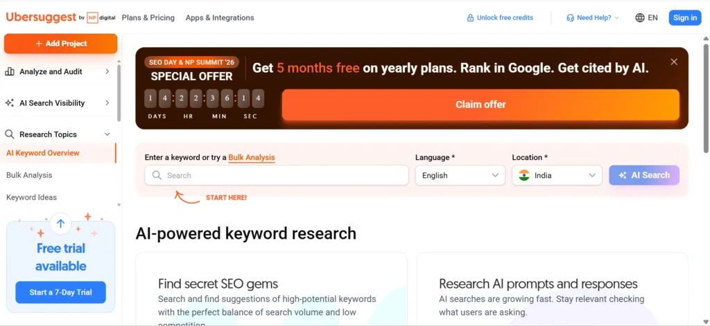 Home page of Ubersuggest