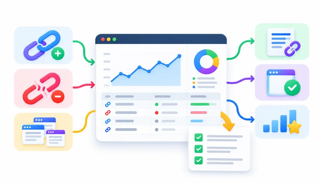 Backlink monitoring report infographic featuring an SEO analytics dashboard, new and lost backlinks, referring domains, link status, quality metrics, and performance tracking icons on a white background.