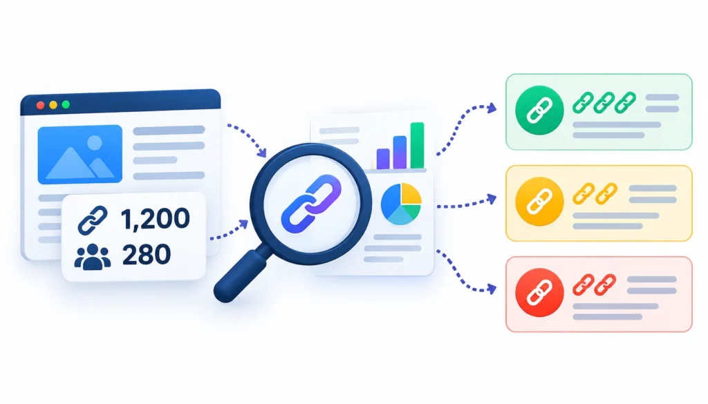 Backlink audit showing 1,200 backlinks from 280 referring domains being analyzed and grouped by link quality.