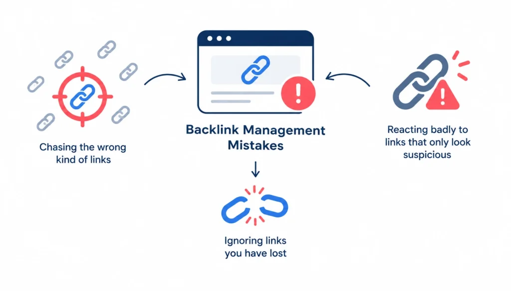 Backlink management mistakes infographic showing poor link choices, suspicious backlinks, and lost backlinks.