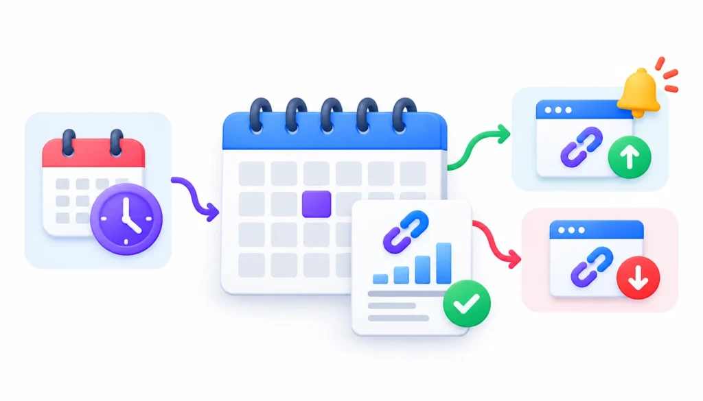 Backlink monitoring schedule infographic featuring a monthly calendar, reporting dashboard, link growth and loss indicators, and alert notifications on a white background.