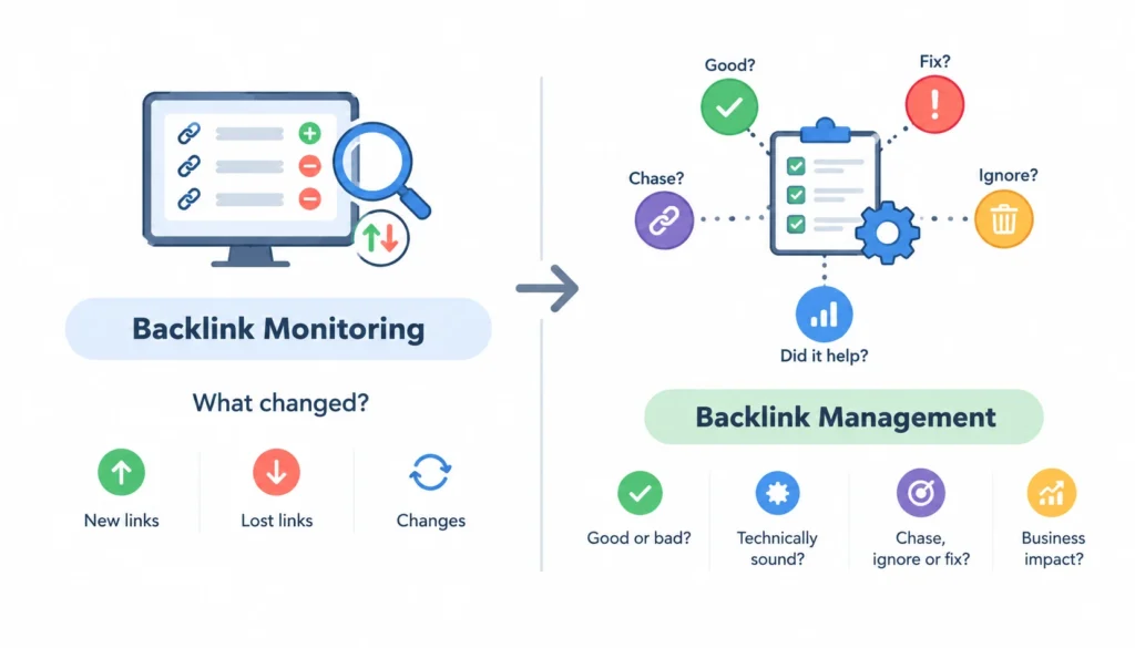 Infographic comparing backlink monitoring and management, showing monitoring tracks new, lost, and changed links, while management evaluates quality, technical health, corrective action, and business impact.