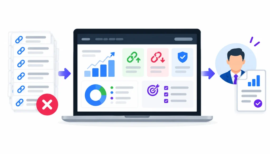 Monthly backlink reporting dashboard showing new and lost backlinks, link performance metrics, and summarized SEO reports for clients.