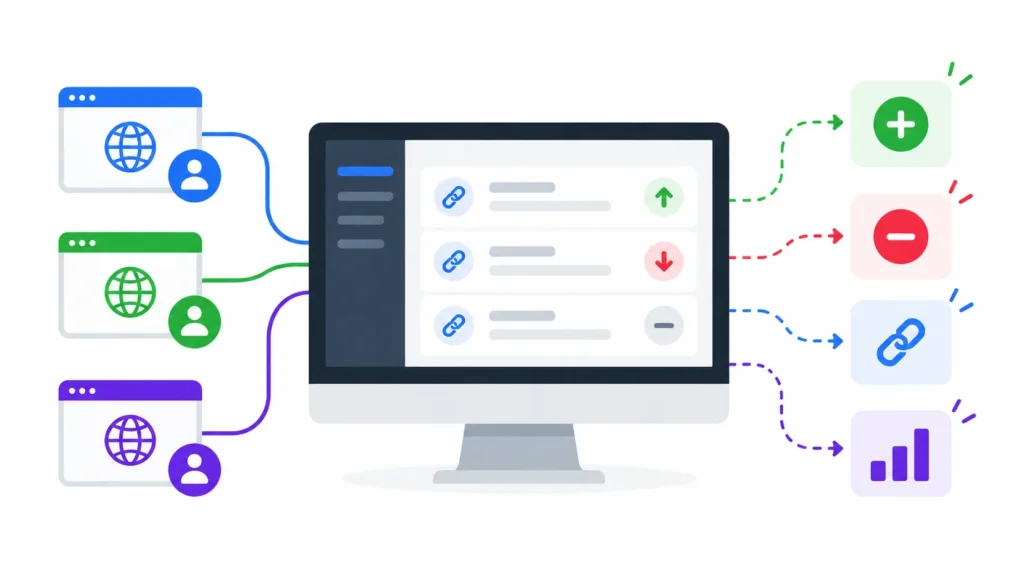 Backlink tracking dashboard showing multiple client websites, with icons representing new backlinks, lost links, active links, and SEO performance reports.