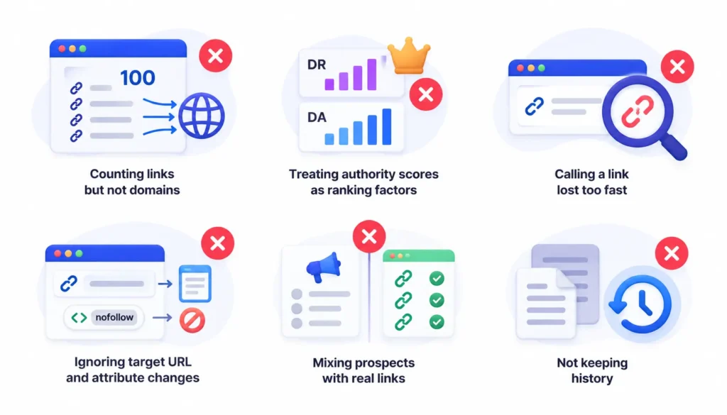 Common backlink tracking mistakes infographic highlighting six errors: counting links instead of domains, misusing authority scores, marking links lost too early, ignoring URL and nofollow changes, mixing prospects with verified links, and failing to keep link history.