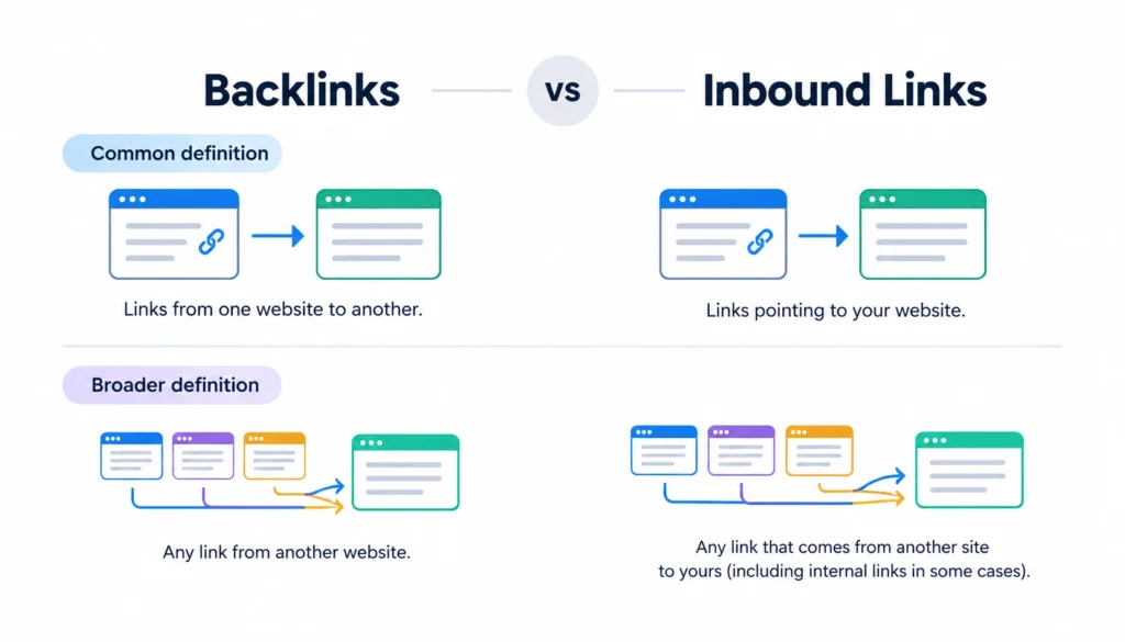 Backlinks vs inbound links comparison showing their common and broader definitions with website link icons and directional arrows.