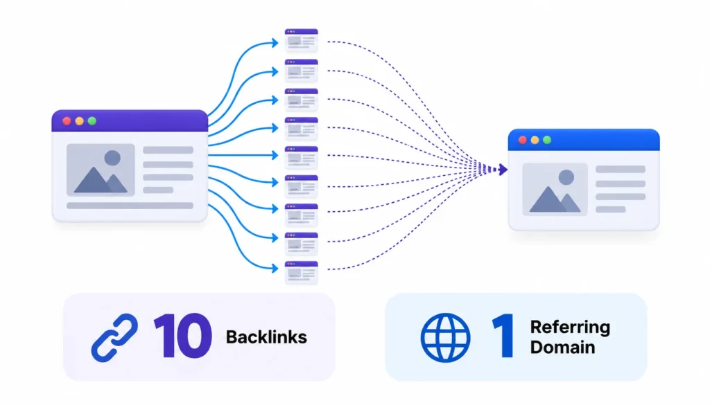 Backlinks vs. referring domains infographic showing 10 backlinks from one website counting as 1 referring domain.
