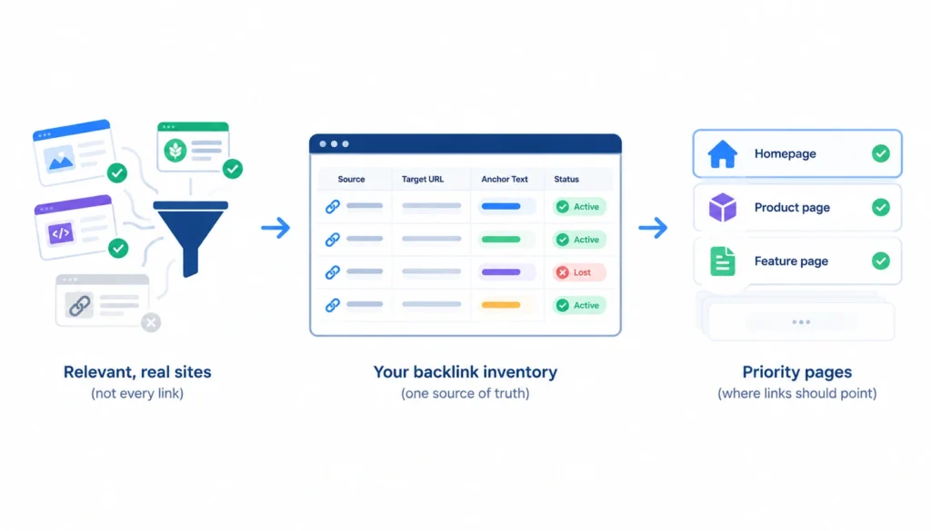SaaS backlink inventory showing relevant websites, organized backlink data, and links mapped to priority pages.
