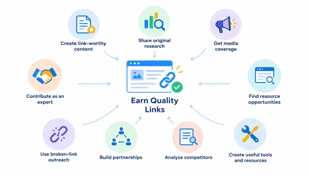 Infographic showing ways to earn high-quality backlinks, including creating link-worthy content, original research, media coverage, expert contributions, resource outreach, partnerships, competitor analysis, and useful tools.