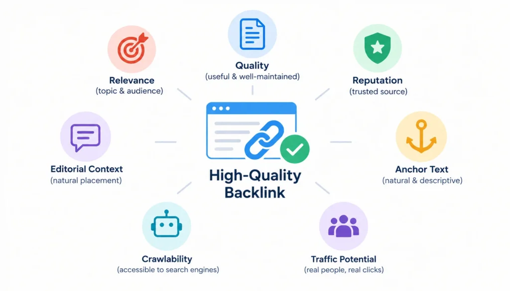 High-quality backlink infographic showing key factors including relevance, page quality, site reputation, editorial context, natural anchor text, crawlability, and traffic potential.
