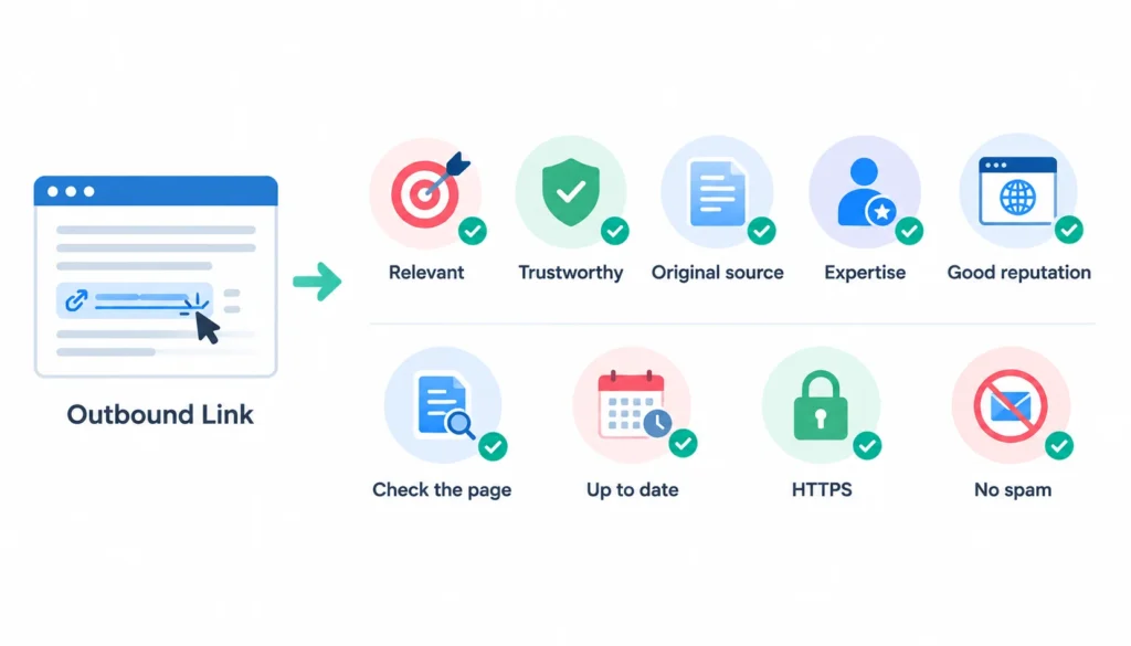 Outbound link quality checklist showing how to choose relevant, trustworthy, original, expert, reputable, current, secure, and spam-free external sources.
