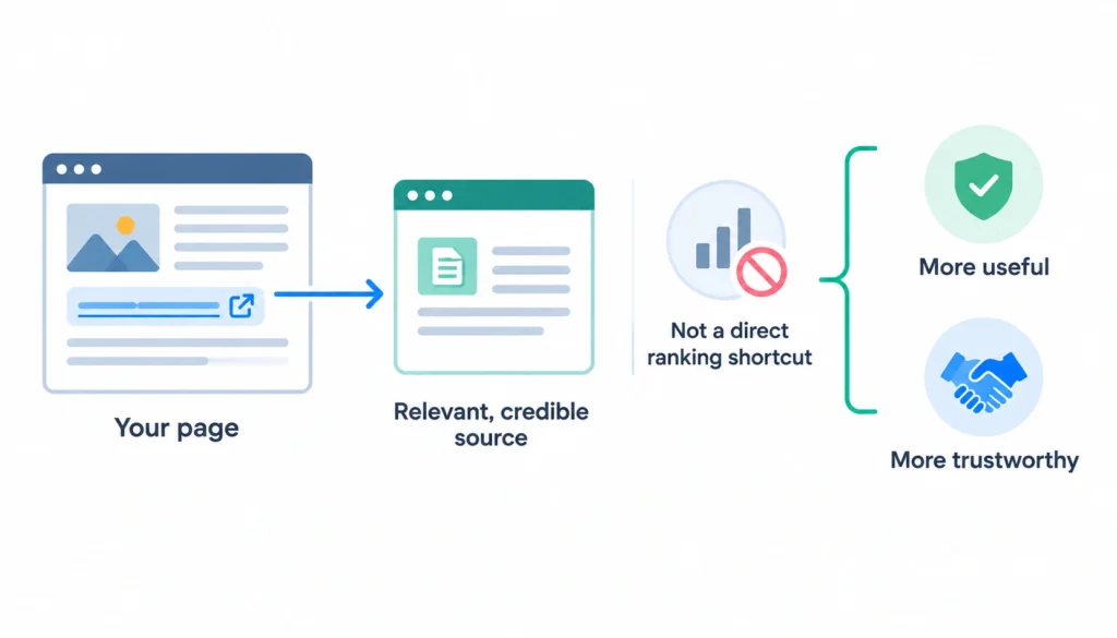 Outbound links to relevant, credible sources can make a webpage more useful and trustworthy, but they are not a direct SEO ranking shortcut.